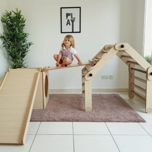 Adjustable Pikler Triangle With One Ramp, Tunnel Box & Slide Set 3